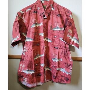North River Outfitters Mens L Shirt Button Front Fishing Reel Fish 100% Cotton